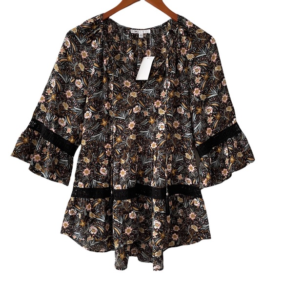 DR2 V-Neck Floral Tunic Top Ruffles Embroidered Trim Tassel Tie 3/4 Sleeve - Picture 1 of 11